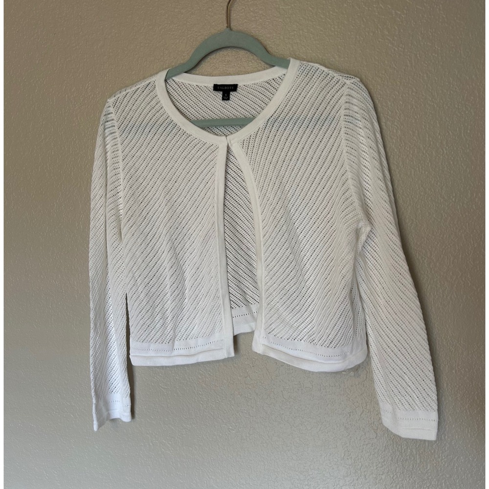 Talbots White Open Knit Cardigan Sweater Womens Small Cropped Shrug Pointelle